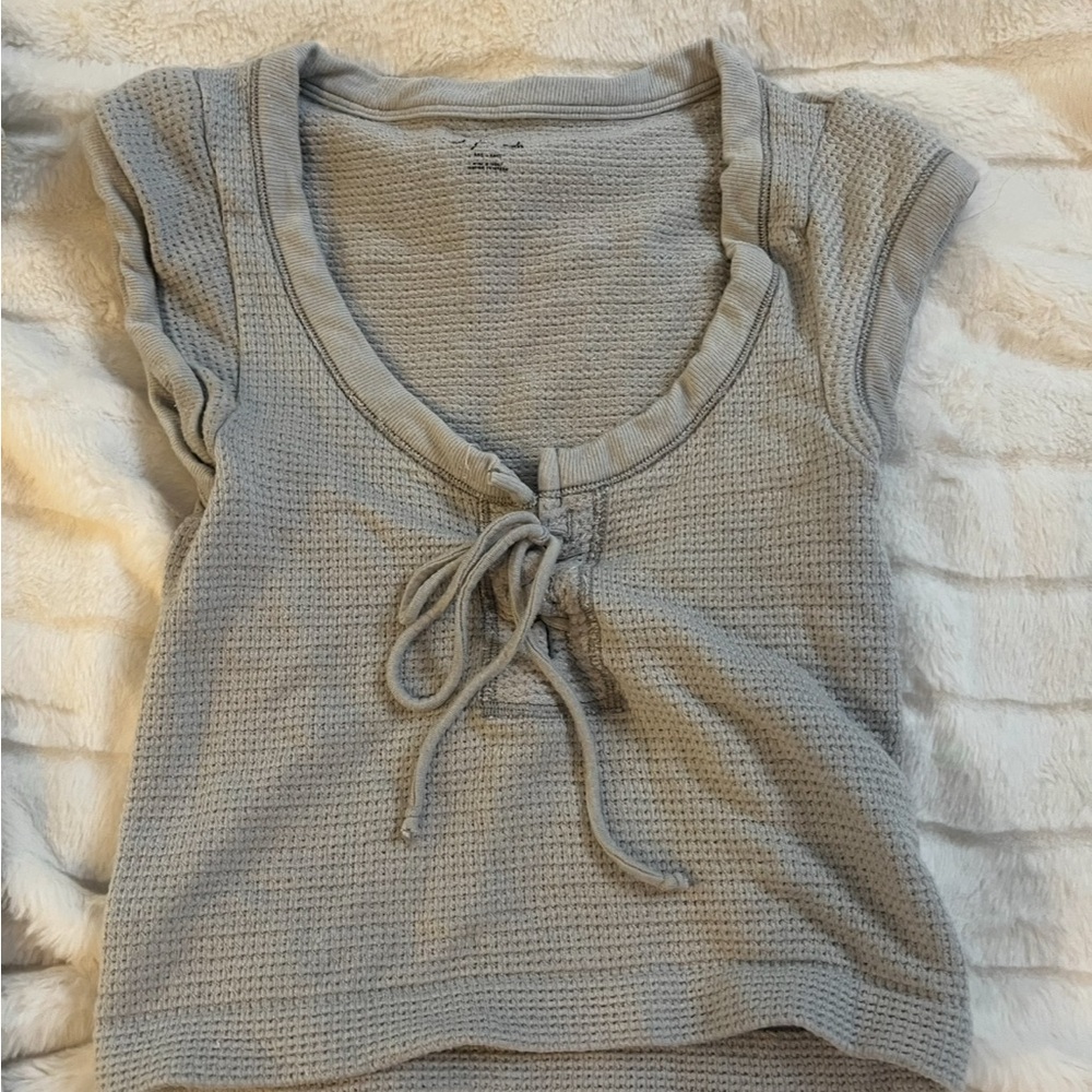 Gray Waffle Knit Tie-Front Top